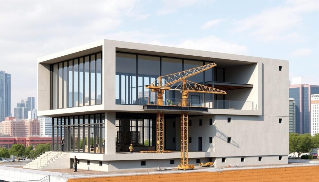 An architectural rendering of a prefabricated and modularly constructed building, showcased against a backdrop of a modern urban skyline. The structure features a sleek, minimalist design with clean lines and large windows, highlighting the efficient use of space and light. The facade is a combination of steel, glass, and precast concrete panels, giving it a contemporary and industrial aesthetic. The middle ground features a construction site with cranes and workers assembling the modular components, demonstrating the efficiency and speed of this building method. The background is a vibrant cityscape with high-rise buildings, reflecting the growing trend towards prefabrication and modular construction in urban development. The lighting is natural, with a soft, diffused quality, creating a sense of harmony and balance.
