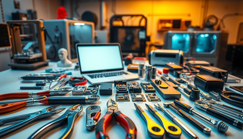 An array of engineering tools and technologies arranged on a clean, modern workbench. In the foreground, a selection of precision hand tools such as pliers, screwdrivers, and wrenches, all gleaming with a polished metallic finish. In the middle ground, a laptop computer and various electronic components like circuit boards, resistors, and microcontrollers, hinting at the digital side of engineering. In the background, a 3D printer, a CNC machine, and other high-tech equipment, suggesting the advanced manufacturing capabilities integral to modern engineering. The scene is bathed in warm, directional lighting, casting dramatic shadows and highlighting the intricate details of the tools and technologies. The overall atmosphere conveys a sense of innovation, problem-solving, and the seamless integration of analog and digital engineering practices.