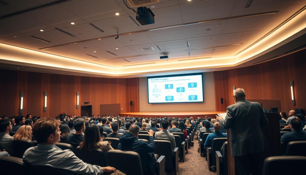 An auditorium with rows of seats, filled with attentive students, the front of the room showcasing a digital display of a university's accredited engineering programs. Bright, focused lighting illuminates the stage, creating a sense of prominence and professionalism. The overall atmosphere conveys a sense of academic rigor, technological innovation, and the promise of a well-rounded education. In the foreground, a professor stands at a podium, gesturing towards the display, engaging the audience with a presentation on the benefits of pursuing an accredited engineering degree.