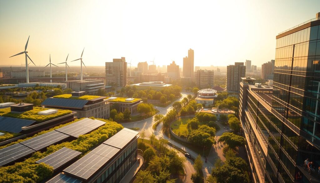 An eco-friendly city skyline bathed in warm, golden sunlight. In the foreground, solar panels adorn sleek, modern buildings with verdant green roofs. Shimmering wind turbines dot the horizon, their blades gracefully turning. Lush, thriving parks and gardens weave through the urban landscape, providing tranquil oases. Pedestrian-friendly walkways and bike lanes encourage sustainable transportation. Reflective glass facades mirror the natural environment, blending the architecture seamlessly. The overall scene conveys a vision of a low-carbon, sustainable future where clean energy and green spaces are harmoniously integrated.