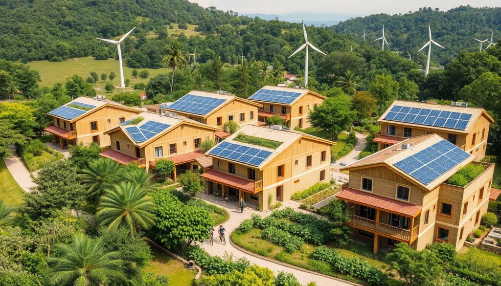 An eco-friendly residential complex nestled amidst lush greenery, with solar panels adorning the rooftops and wind turbines gently spinning in the distance. The buildings are constructed using sustainable materials like bamboo, straw bales, and rammed earth, blending seamlessly with the natural landscape. Strategically placed windows and passive cooling systems harness the power of the sun and wind, reducing the need for energy-intensive air conditioning. Residents tend to community gardens, utilizing natural fertilizers and water-efficient irrigation methods. A network of pedestrian pathways and bicycle lanes encourages a car-free lifestyle, promoting a harmonious balance between human habitation and the surrounding environment.