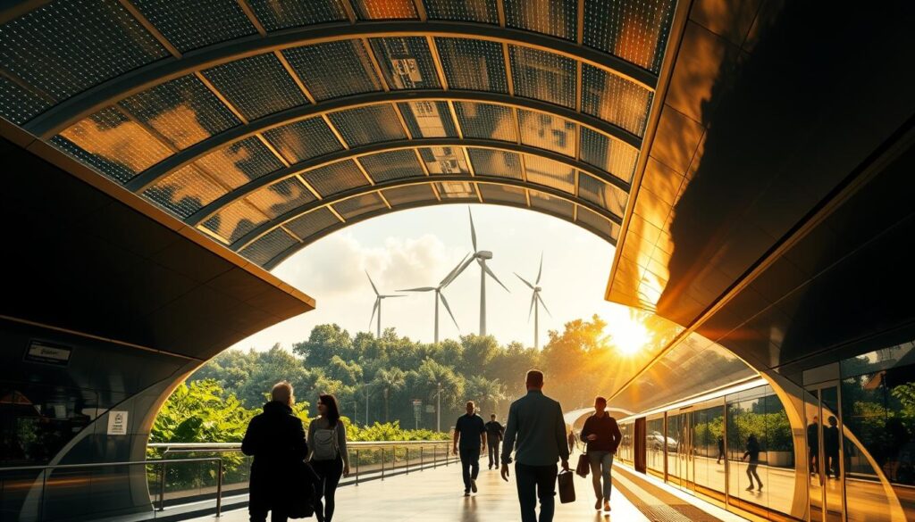 An eco-futuristic metro station with sleek, curved architecture bathed in warm, natural lighting. Gleaming solar panels cover the roof, powering the station's operations sustainably. In the foreground, commuters move through the spacious concourse, their silhouettes captured in a cinematic, low-angle shot. The background features lush, verdant greenery and wind turbines spinning gently, symbolizing the harmonious integration of nature and modern engineering. The overall atmosphere conveys a sense of optimism and progress towards a greener, more efficient public transportation system.