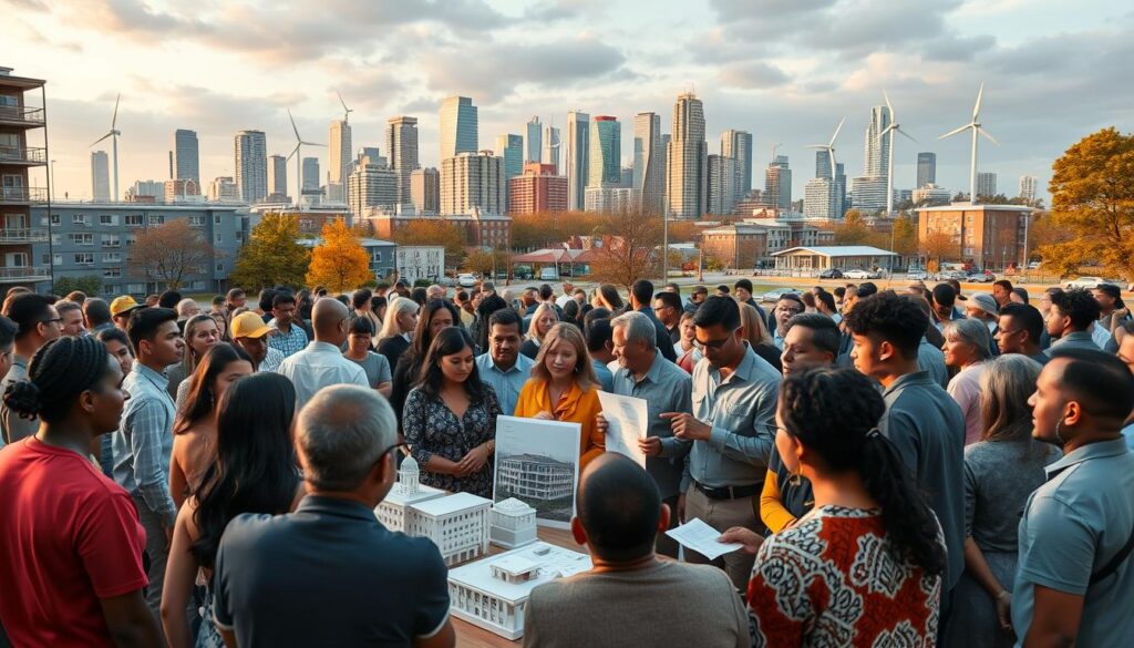 An empowered community gathered in a vibrant public square, civil engineers collaborating with residents to design sustainable infrastructure. In the foreground, people of diverse backgrounds participate in a lively town hall meeting, discussing improvements to housing, transportation, and public spaces. The middle ground features 3D-printed architectural models and engineers reviewing blueprints, while the background showcases a modern skyline with gleaming high-rises and wind turbines. Warm lighting illuminates the scene, conveying a sense of progress, community engagement, and shared civic pride. The overall atmosphere reflects the transformative power of civil engineering to empower people and revitalize neighborhoods.