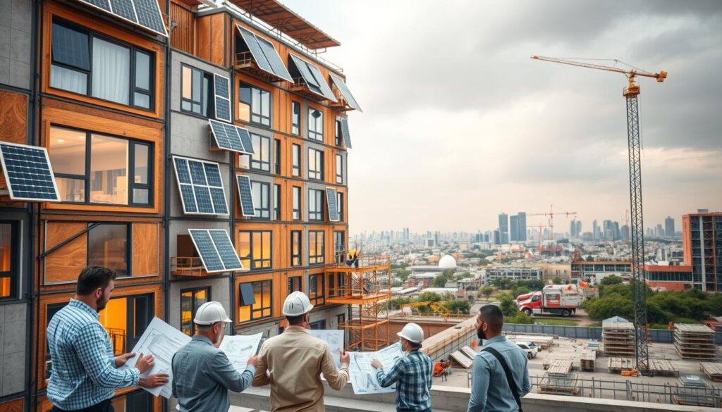 An energy-efficient building facing design challenges, with a complex facade featuring solar panels, windows, and insulation materials. In the foreground, a team of architects and engineers scrutinize blueprints, grappling with optimization strategies to balance thermal regulation, natural lighting, and renewable energy integration. The middle ground showcases construction equipment and workers tackling installation hurdles, while the background depicts a cityscape, hinting at the urban constraints and zoning regulations that further complicate the process. The scene is illuminated by a warm, diffused lighting, conveying the determined, yet thoughtful atmosphere of finding innovative solutions to create a sustainable built environment.