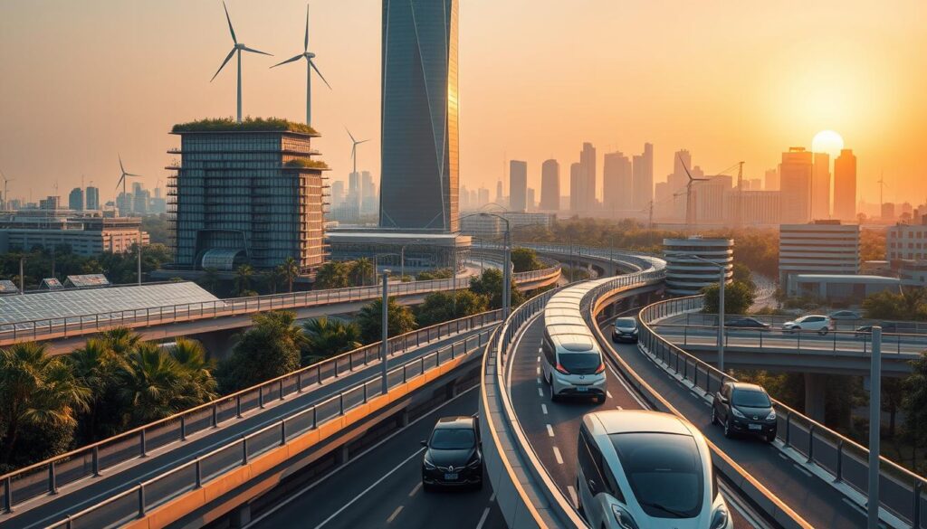 An energy-efficient urban landscape featuring modern, sustainable infrastructure. In the foreground, sleek electric vehicles glide along a network of elevated bicycle lanes and pedestrian walkways, powered by integrated solar panels. The middle ground showcases a towering, glass-paneled building with a green roof and wind turbines, surrounded by lush greenery. In the background, a skyline of similar eco-friendly structures is illuminated by a warm, golden sunset, casting long shadows and a serene atmosphere. The scene conveys a vision of a transportation-oriented, low-carbon future where clean energy and green design harmoniously coexist.
