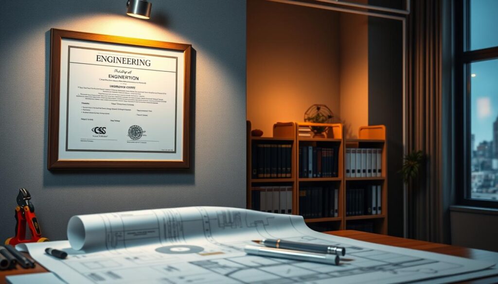 An engineering certificate hangs on a wall, illuminated by a warm, focused light. In the foreground, engineering tools and blueprints are neatly arranged, conveying a sense of professionalism and attention to detail. The middle ground features a bookshelf with titles related to engineering codes, regulations, and licensing requirements. The background depicts a window overlooking a cityscape, suggesting the practical application of the licensure. The scene exudes an atmosphere of authority, expertise, and the responsibility inherent in the engineering profession.