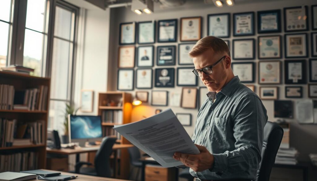 An engineering office interior, softly lit by a combination of natural light from floor-to-ceiling windows and warm task lighting. In the foreground, a professional engineer reviews a license application, meticulously examining each detail. In the middle ground, a bookshelf with engineering references and a workstation with a computer monitor displaying engineering schematics. The background showcases an array of framed professional certifications and licenses hanging on the wall, conveying a sense of authority and expertise. The overall mood is one of focus, diligence, and the gravity of the licensing process.