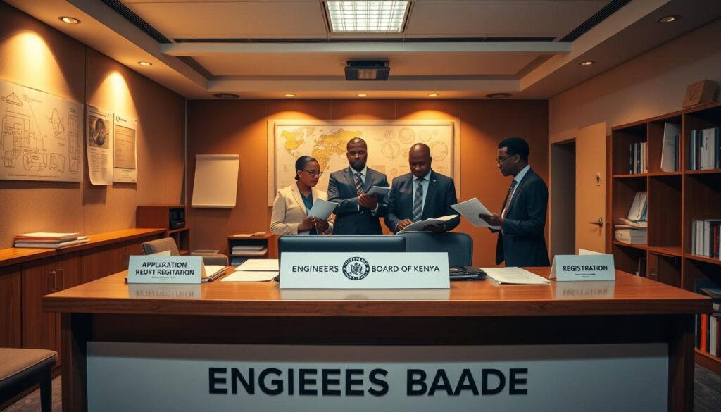An engineering office interior with a professional registration desk in the foreground. The desk is adorned with the Engineers Board of Kenya logo and documents. Behind the desk, a team of engineers in formal attire are engaged in discussion, reviewing application materials. The room is illuminated by warm, directional lighting, casting subtle shadows and creating a sense of seriousness and authority. The walls are lined with bookshelves and technical diagrams, conveying the technical expertise of the institution. The overall atmosphere is one of diligence, professionalism, and the gravity of the registration process.