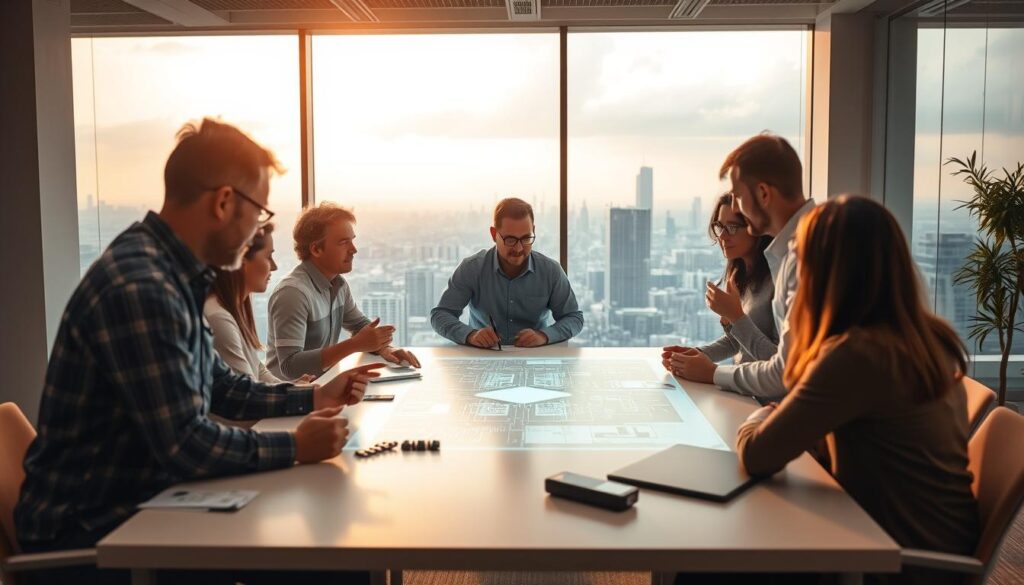 An engineering team collaborating in a bright, modern office space. In the foreground, engineers engaged in lively discussion around a large table, gesturing animatedly as they exchange ideas. Mid-ground, a team member presenting design plans on a holographic display, surrounded by colleagues leaning in to examine the details. In the background, a wall-sized window offers a panoramic view of a bustling city skyline, symbolizing the broader impact of their work. Soft, warm lighting creates an atmosphere of focus and creativity. A sense of shared purpose and determination pervades the scene, capturing the essence of capacity building in engineering.