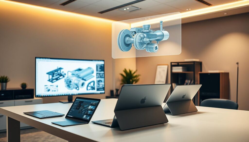 An engineer's workspace, with a sleek, minimalist desk showcasing a state-of-the-art laptop, tablets, and digital design tools. The room is bathed in warm, indirect lighting, creating a focused, productive atmosphere. In the background, a large monitor displays a complex 3D engineering model, while a holographic projection hovers above, allowing for intuitive manipulation of the design. The scene conveys the seamless integration of advanced software solutions, empowering the engineer to tackle complex industry-specific challenges with precision and efficiency.