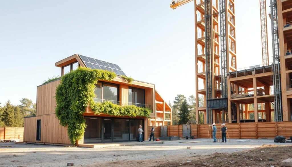 An environmentally-conscious construction site with innovative sustainable solutions. In the foreground, a modular, self-powering prefab building with solar panels on the roof and a green living wall cascading down the facade. In the middle ground, workers install energy-efficient windows and a geothermal heating/cooling system. In the background, a towering mass timber structure, its exposed wooden beams and columns showcasing the use of renewable, low-carbon materials. Soft, diffused natural lighting illuminates the scene, creating a serene, tranquil atmosphere that emphasizes the harmony between human ingenuity and the natural world.