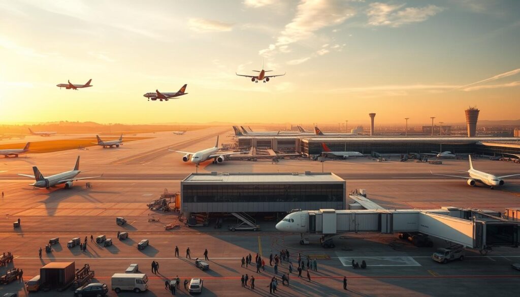 An expansive aerial view of a bustling international airport, with aircraft taking off and landing on the meticulously designed runways. In the foreground, a team of ground crew efficiently coordinate the loading and unloading of luggage and cargo, their movements choreographed with precision. The middle ground features the terminal buildings, their modern architecture and glass facades reflecting the glow of sunset. In the background, air traffic control towers stand vigilant, guiding the flow of aircraft through the airspace. The scene is bathed in warm, golden light, conveying a sense of order, productivity, and the smooth, harmonious operation of airport logistics management.