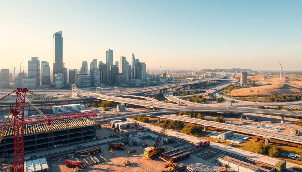 An expansive cityscape of gleaming skyscrapers and modern infrastructure, bathed in warm, golden afternoon light. In the foreground, a construction site bustles with activity - cranes lifting steel beams, workers in high-vis vests, and heavy machinery shaping the foundations of a new development. The midground features a network of highways and bridges, connecting the city's various districts. In the background, rolling hills dotted with wind turbines and solar panels hint at the integration of renewable energy sources. The overall scene conveys a sense of progress, growth, and a commitment to sustainable development.