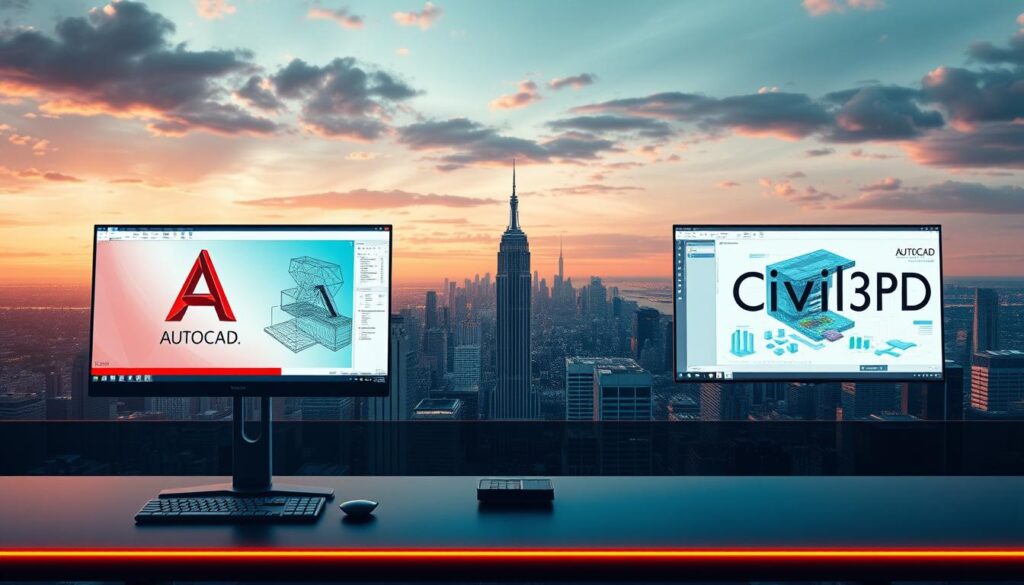 An expansive digital landscape, showcasing seamless compatibility between two prominent CAD software platforms, AutoCAD and Civil 3D. In the foreground, a sleek, futuristic workstation displays both programs side-by-side, with smooth data exchange and integration between the two. The middle ground features a network of interconnected devices, representing the cross-platform capabilities, all bathed in a warm, inviting glow. In the background, a panoramic view of a bustling city skyline, symbolizing the diverse applications and industries where this compatibility thrives. The scene is captured with a cinematic, wide-angle lens, creating a sense of depth and emphasizing the harmonious co-existence of these essential design tools.