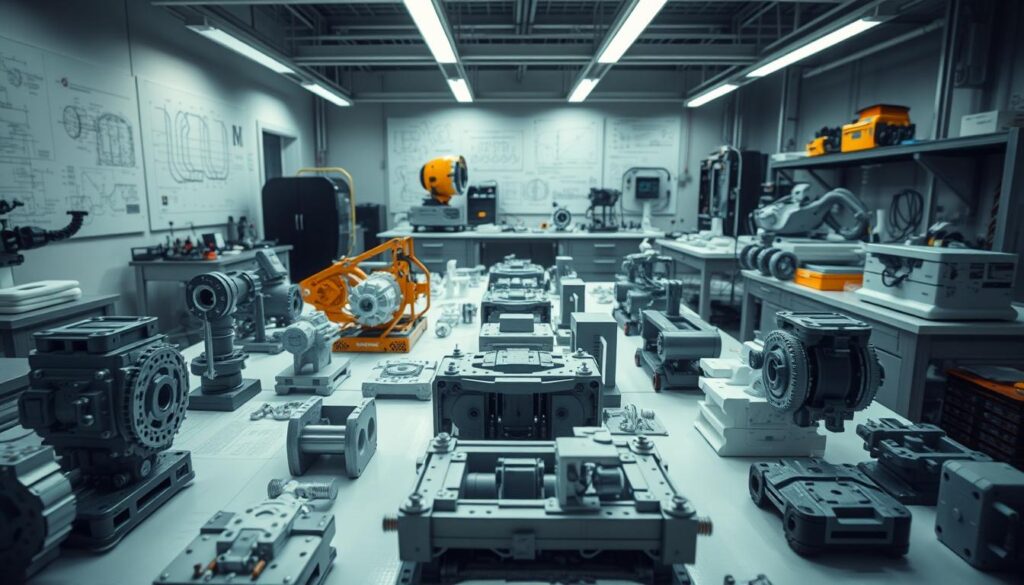 An expansive engineering project showcase, captured under soft, diffused lighting. In the foreground, a selection of intricate mechanical prototypes and 3D-printed models, showcasing the technical prowess of the designers. The midground features a backdrop of technical diagrams, schematics, and engineering drawings, hinting at the rigorous planning and design process. In the background, a sleek, modern laboratory or workshop setting, with gleaming metal workbenches, state-of-the-art equipment, and an atmosphere of focused innovation. The overall scene conveys a sense of pride, accomplishment, and the excitement of unveiling engineering solutions to the world.