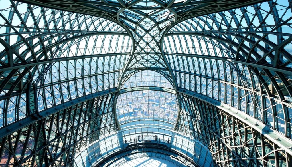 An expansive glass structure with intricate lattice-like patterns, showcasing the engineering prowess of glass design. The foreground features a central atrium, illuminated by natural light streaming through the translucent panels. The middle ground presents a series of interconnected walkways and bridges, their elegant curves and angles highlighting the structural integrity of the glass. In the background, a sweeping panorama of the surrounding cityscape provides a captivating contrast, emphasizing the architectural marvel of this glass-centric masterpiece. The overall scene conveys a sense of lightness, transparency, and innovative engineering, perfectly suited to illustrate the "Design Principles for Glass Structures" section.