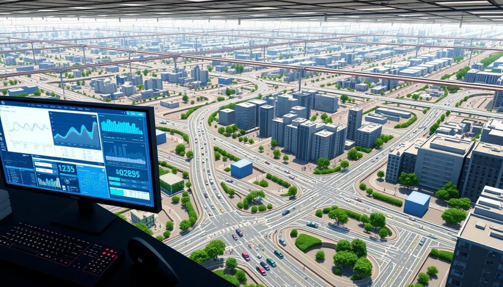 An expansive, highly detailed 3D visualization of a comprehensive traffic simulation platform integration. In the foreground, a sophisticated user interface with multiple data visualizations and control panels, displaying real-time traffic flow and analytics. In the middle ground, a dynamic 3D simulation of a dense urban environment, with intricately modeled roads, vehicles, pedestrians, and intersections. In the background, a network of interconnected systems and databases, seamlessly integrated to power the simulation. Illuminated by a soft, natural lighting scheme that highlights the technological complexity, with a sense of order and control pervading the scene. Captured from a slightly elevated, three-quarter perspective to convey the scale and scope of the integrated system.