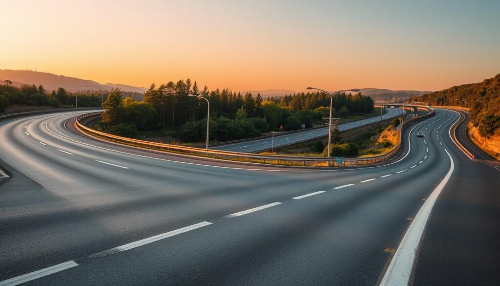 An expansive highway winding through a picturesque landscape, with sweeping curves and well-defined lanes. The foreground features a smooth asphalt surface, meticulously marked with clear lane dividers and reflective road signs. In the middle ground, towering trees and lush greenery line the sides of the highway, creating a serene and natural backdrop. The sky is filled with a warm, golden hue, illuminating the scene with a soft, inviting glow. The camera angle is positioned slightly elevated, offering a panoramic view that emphasizes the careful planning and design of the highway infrastructure, showcasing its integration with the surrounding environment. The overall atmosphere exudes a sense of safety, efficiency, and harmony between the man-made and natural elements.