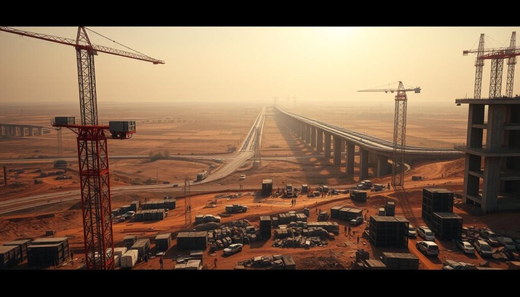 An expansive landscape of Africa, with towering construction cranes and half-finished concrete structures in the foreground, symbolizing the ongoing challenges of infrastructure development. In the middle ground, bustling worksites with laborers toiling under a blazing sun, surrounded by piles of raw materials and heavy machinery. The background fades into a hazy horizon, where the outlines of unfinished bridges, roads, and communication towers loom, hinting at the immense scale and complexity of the infrastructure projects transforming the continent. The scene is bathed in warm, golden light, casting long shadows and conveying a sense of both progress and the persistent obstacles that must be overcome.