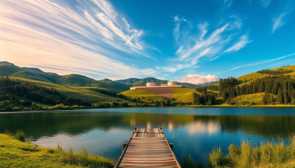 An expansive landscape of rolling hills and lush greenery, where a pristine lake nestles amidst the verdant terrain. In the foreground, a weathered wooden pier juts out into the still, crystalline waters, inviting exploration. The mid-ground is dominated by a state-of-the-art water treatment facility, its sleek, modern architecture a testament to the advanced technology employed to purify and distribute the precious liquid. Towering above, wispy cirrus clouds drift across a radiant, azure sky, bathing the scene in a warm, golden glow. The overall atmosphere exudes a sense of harmony, where nature and technology coexist in perfect balance, providing a sustainable and reliable water supply for the community.