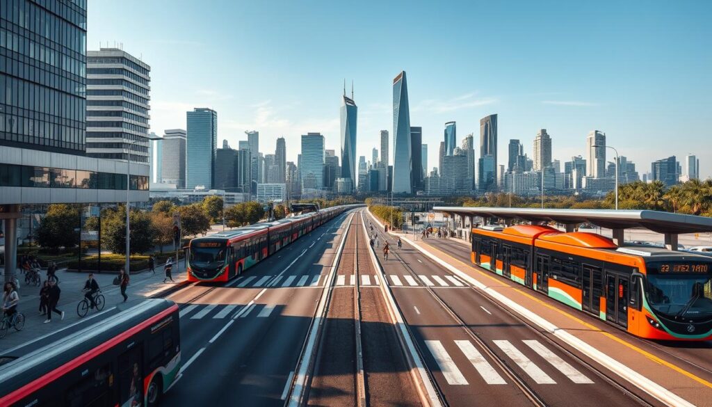 An expansive scene depicting a modern bus rapid transit (BRT) system in a thriving urban environment. The foreground showcases sleek, articulated buses gliding along dedicated lanes, their streamlined designs and vibrant colors reflecting the efficient, high-capacity nature of the BRT. The middle ground features bustling pedestrian crossings, bicycle lanes, and smartly designed station platforms with digital displays and sheltered waiting areas. In the background, a skyline of towering skyscrapers and modern architectural landmarks stands tall, complementing the progressive, future-focused atmosphere. The overall scene is bathed in warm, natural lighting, creating a sense of energy and vibrancy that underscores the BRT's role in enhancing urban mobility and shaping the cityscape.