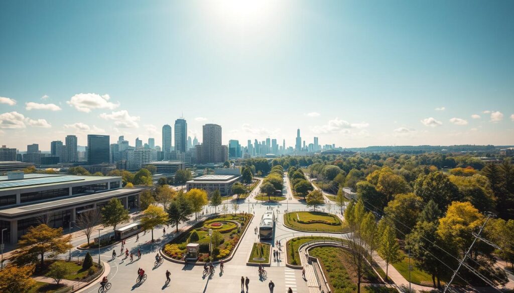 An expansive, sun-dappled skyline of gleaming, energy-efficient high-rises and low-rise buildings with solar panels and green roofs. In the foreground, a bustling plaza with pedestrians and cyclists utilizing protected bike lanes and electric public transit. In the middle ground, a series of bioswales and permeable pavement capturing and filtering stormwater runoff. In the background, verdant parks and lush urban forests create a healthy, sustainable ecosystem. The scene is bathed in warm, natural lighting, captured through a wide-angle lens to convey a sense of harmony and community.