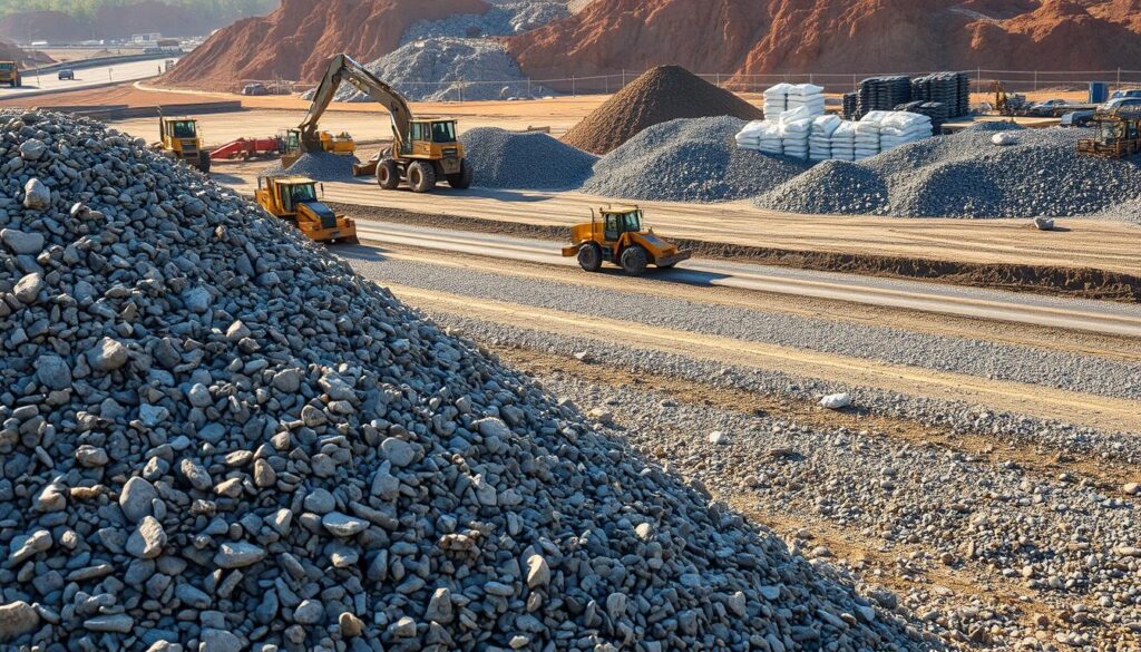 An expansive view of a construction site, showcasing the various materials used in roadbed construction. In the foreground, a pile of crushed stone and gravel, the foundation for the future roadway. In the middle ground, workers meticulously compacting the base with heavy machinery, ensuring a sturdy and level surface. In the background, a stockpile of asphalt and concrete, the raw materials that will be used to create the final road surface. The scene is bathed in warm, diffused sunlight, casting long shadows and highlighting the textures of the materials. A wide-angle lens captures the scale and complexity of the operation, conveying the essential steps involved in building a robust and durable roadbed.
