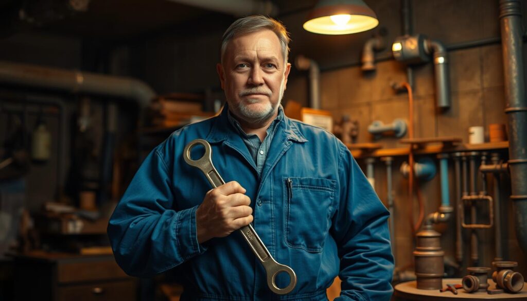 An experienced plumbing contractor, clad in a well-worn, blue jumpsuit, stands confidently in a dimly lit, cluttered workshop. His calloused hands grasp a wrench, a testament to years of skilled labor. The scene is illuminated by the warm glow of a single overhead light, casting dramatic shadows that accentuate the contractor's weathered features. In the background, a collection of pipes, fittings, and tools are neatly organized, hinting at the breadth of his expertise. The atmosphere conveys a sense of professionalism and problem-solving, reflecting the level of experience and mastery this contractor brings to his craft.