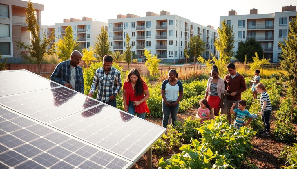 An idyllic community-centered engineering project, bathed in warm, natural lighting. In the foreground, a group of diverse individuals collaborating on a state-of-the-art solar panel installation, their faces alight with enthusiasm. In the middle ground, a vibrant community garden, tended by residents of all ages, symbolizing sustainability and self-sufficiency. The background reveals a modern, energy-efficient housing complex, its sleek, angular design complementing the lush greenery that surrounds it. The scene conveys a sense of harmony, where technology seamlessly integrates with the local community to create a truly sustainable and empowered environment.
