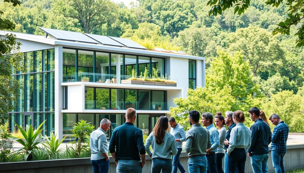 An image of a modern, sustainable educational facility set against a backdrop of lush greenery. The building features sleek, energy-efficient design with large windows that allow natural light to flood the interior. Solar panels adorn the rooftop, while a rooftop garden and water harvesting system showcase the building's commitment to environmental responsibility. In the foreground, a group of students and professionals engage in hands-on training exercises, learning about sustainable construction techniques and green building certification programs. The scene conveys a sense of purpose, innovation, and a dedication to equipping the next generation of green building experts.