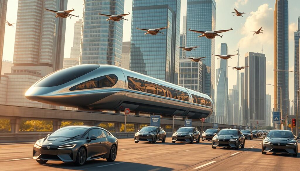 An imposing high-speed maglev train glides effortlessly through a futuristic cityscape, its sleek silver body cutting through the air with a sense of unstoppable momentum. In the foreground, a cluster of electric self-driving cars navigate the streets with precision, their smooth, aerodynamic forms a testament to the latest advancements in automotive engineering. Soaring above, a fleet of autonomous drones carry cargo and passengers, their propellers whirring softly as they dart between towering skyscrapers adorned with solar panels and wind turbines. The scene is bathed in a warm, golden light, conveying a sense of progress, innovation, and the boundless potential of engineering to transform the way we move through the world.