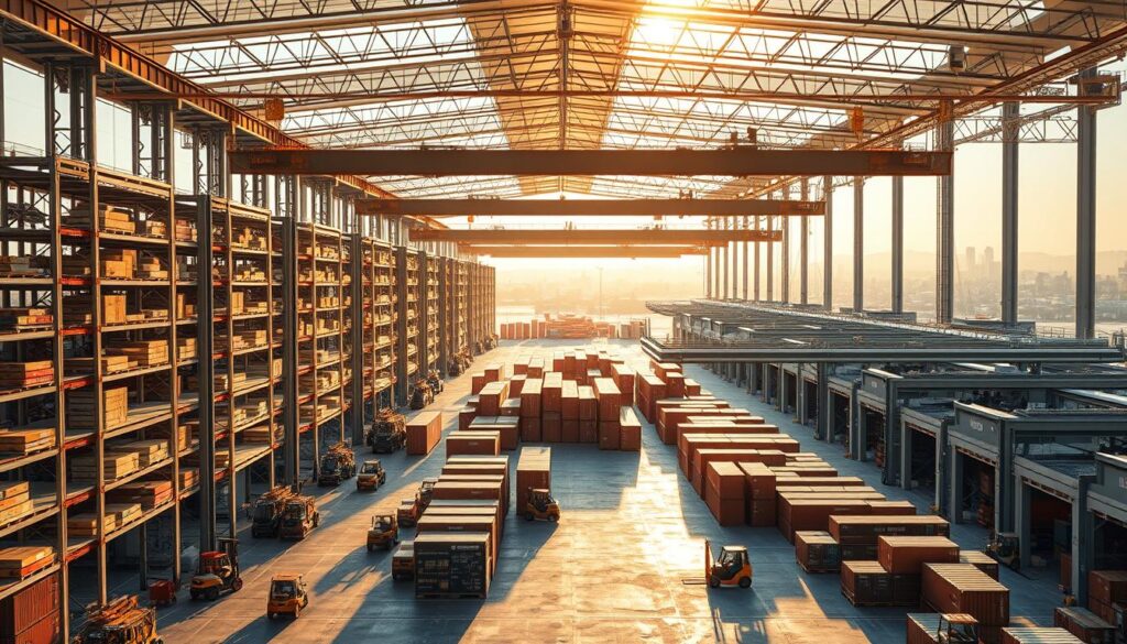 An industrial cargo facility nestled in a sprawling urban landscape, bathed in warm golden light filtering through the large glass windows. Towering steel shelves and forklifts busily navigating the expansive storage areas, while sleek loading docks receive and dispatch a constant flow of shipping containers. The facility's design emphasizes efficiency, with intuitive workflow and strategic placement of equipment to maximize space utilization. Overhead cranes gracefully move cargo across the high-ceilinged halls, complemented by intricate systems of conveyor belts and automated material handling. The architectural aesthetic blends functionality with a touch of modern elegance, creating a productive yet visually striking cargo hub.
