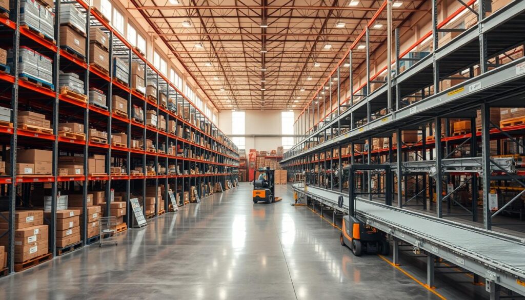 An industrial cargo storage facility with meticulously organized shelving systems, conveyor belts, and forklifts efficiently moving goods. The scene features a wide, well-lit warehouse interior with high ceilings, warm lighting, and polished concrete floors. Rows of metal racks stretch into the distance, neatly stacked with labeled crates and pallets. In the foreground, a worker carefully operates a forklift, transferring cargo from one area to another. The middle ground showcases automated conveyor belts running along the walls, seamlessly transporting materials. The background reveals tall windows allowing natural light to flood the space, creating a sense of openness and productivity.