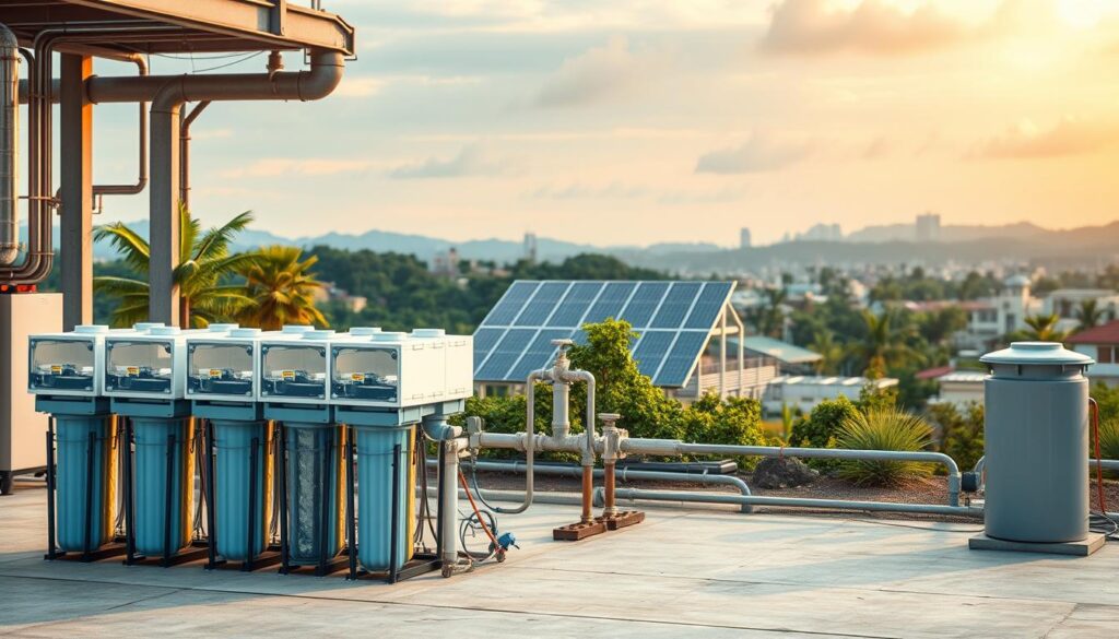 An industrial-style landscape featuring a modular, decentralized water purification system. In the foreground, a series of compact, stackable filtration units with transparent housings showcasing the water treatment processes. The middle ground features a cluster of solar panels powering the system, with pipes and valves directing the flow of water. In the background, a cityscape with sustainable architecture and lush greenery, hinting at the integration of this decentralized technology into an urban environment. Warm, diffused lighting casts a soft glow, highlighting the efficiency and eco-friendly nature of the setup. A sense of innovation and technological progress pervades the scene.
