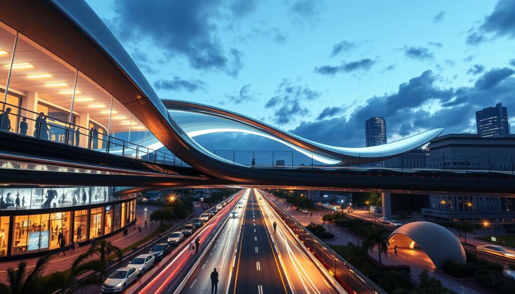An innovative, futuristic pedestrian bridge design spanning a bustling urban landscape. The bridge's structure features a sleek, modern aesthetic with graceful, sweeping curves and a combination of glass, steel, and advanced composite materials. Integrated LED lighting illuminates the bridge, creating a mesmerizing visual effect at night. Strategically placed sensors monitor foot traffic, adjusting the lighting and temperature to enhance the user experience. Seamlessly blending form and function, this bridge exemplifies the intersection of cutting-edge engineering and visionary architecture, designed to elevate urban connectivity and pedestrian mobility.