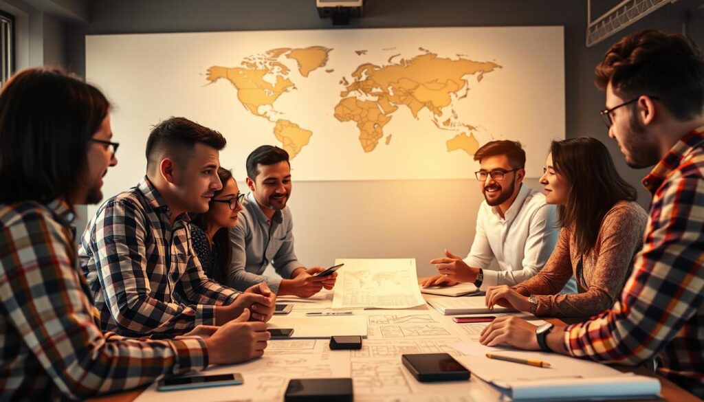 An international construction team, gathered around a table, engaged in a lively discussion. The scene is illuminated by warm, natural lighting, casting a soft glow on their faces as they collaborate, gesturing with their hands and leaning in intently. In the background, a world map hangs on the wall, symbolizing the global nature of their project. The table is adorned with various architectural plans, sketches, and electronic devices, reflecting the diverse communication tools and strategies they employ to coordinate their efforts across borders and time zones.