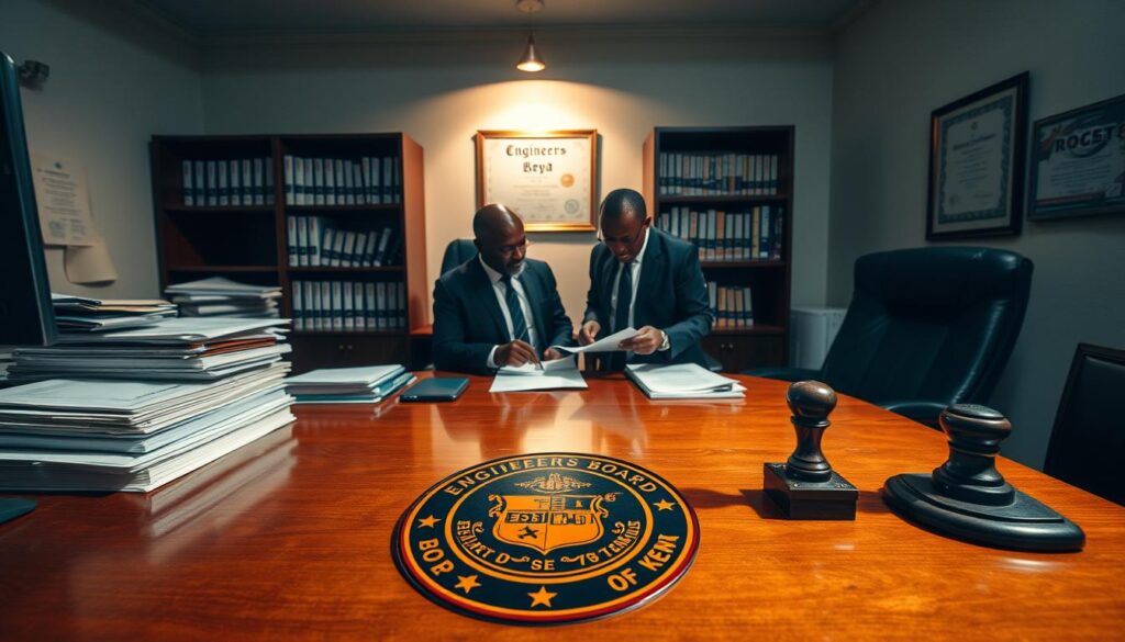An intimate office setting with engineers diligently reviewing documents and applications, illuminated by warm overhead lighting casting subtle shadows. In the foreground, a wooden desk is adorned with the official seal of the Engineers Board of Kenya, surrounded by stacks of papers, a computer monitor, and a professional-grade stamp. In the middle ground, two engineers in formal attire confer, gesturing towards the documents before them. The background showcases a bookshelf filled with technical manuals and a framed certificate denoting the Board's authority. The overall atmosphere conveys a sense of focused professionalism and dedication to the registration process.
