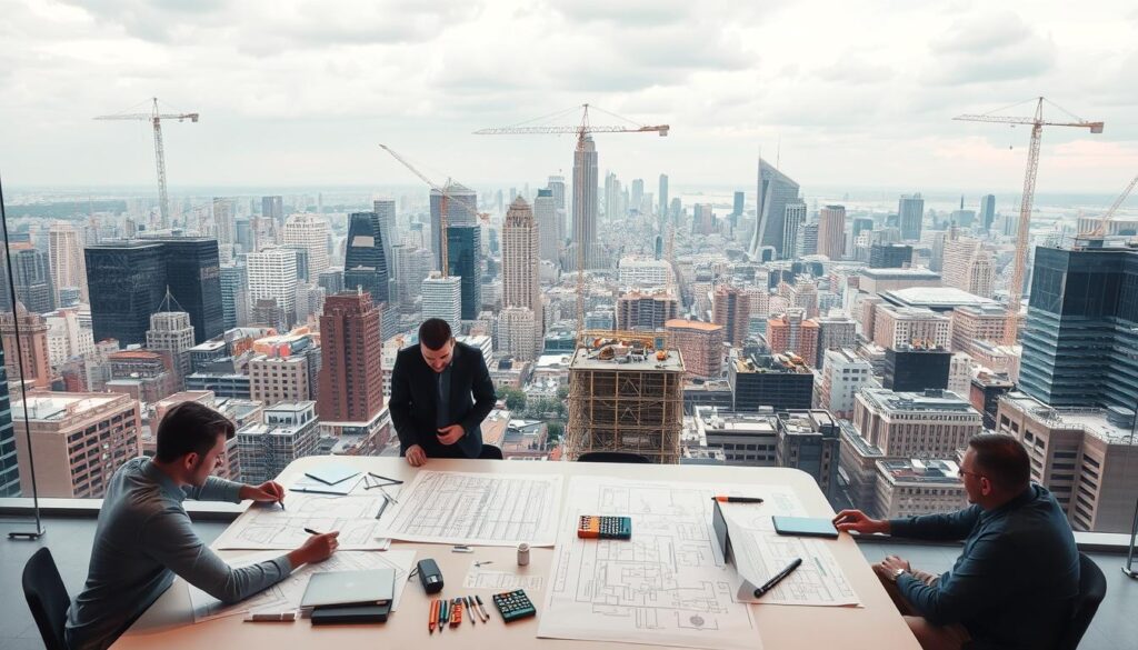 An intricate cityscape unfolds, where diverse disciplines converge to shape the urban landscape. In the foreground, architects, engineers, and urban planners collaborate, their blueprints and sketches spread across a sleek conference table, illuminated by warm, diffused lighting. The middle ground features a bustling construction site, cranes and scaffolding reaching skyward, as workers from various trades coordinate their efforts. In the background, a panoramic view of the city skyline, its modern towers and historic structures intertwined, symbolizing the harmonious blending of old and new. The atmosphere exudes a sense of dynamic synergy, where innovation and problem-solving flourish through the collective expertise of a united team.