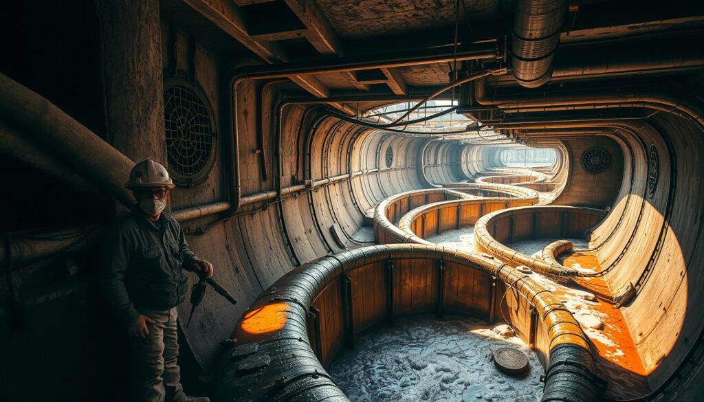 An intricate network of pipes, manholes, and drainage channels winding through the earth, a meticulously engineered sewer system. Sunlight filters down through grates, casting a warm glow on the aging concrete walls. Rust-colored water flows steadily, the sound of rushing water echoing through the subterranean passages. In the foreground, a maintenance worker examines a section of pipe, tools in hand, while in the distance, a maze of interconnected tunnels recede into the shadows. The scene conveys the essential functionality and hidden complexity of the unseen infrastructure that keeps our communities flowing.