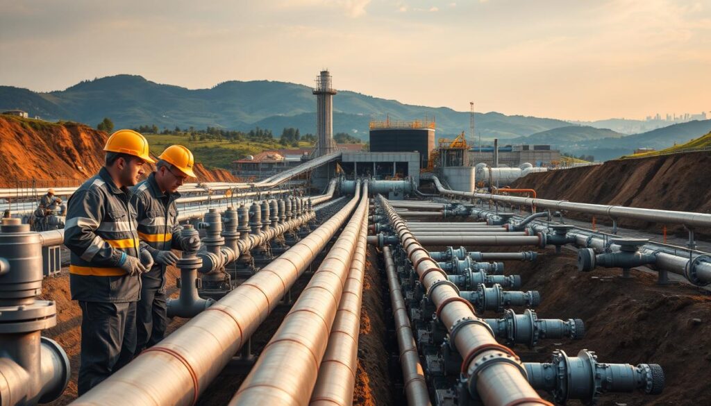 An intricate network of pipes, valves, and treatment facilities sprawls across a landscape, conveying the complexity of modern sanitation engineering. In the foreground, engineers in hard hats inspect a series of underground sewer lines, their faces set with focused determination. In the middle ground, a wastewater treatment plant rises, its sleek metal structures and whirring machinery suggesting cutting-edge technology. The background is dotted with verdant hills and a distant skyline, hinting at the integration of these vital systems within the broader urban environment. Warm, diffused lighting casts a gentle glow, evoking a sense of industrious professionalism. This scene captures the multifaceted challenges of designing, constructing, and maintaining comprehensive sanitation infrastructure to meet the needs of growing populations.
