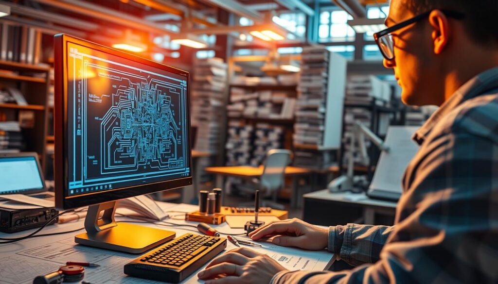 An intricately detailed blueprint of an electrical engineering career, illuminated by warm, golden lighting and captured through a wide-angle lens. In the foreground, a sleek, futuristic computer monitor displays a complex circuit diagram, the screen reflecting the engineer's concentrated gaze. In the middle ground, precision tools and instruments are neatly arranged, hinting at the meticulous work required. The background reveals a bustling, high-tech office environment, with towering shelves of technical manuals and schematics, conveying the depth of knowledge and expertise needed to thrive in this field. The overall atmosphere is one of innovation, problem-solving, and the pursuit of cutting-edge technologies that drive the electrical engineering profession.