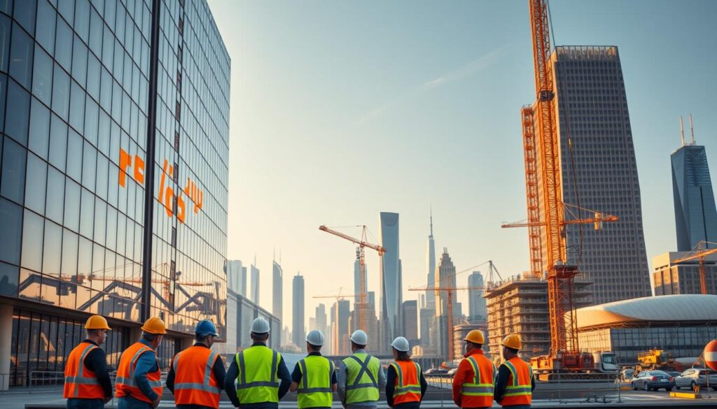 An office building's sleek exterior reflects the advanced technology and engineering standards required for modern US infrastructure. In the foreground, a group of workers in hard hats and reflective vests discuss blueprints, symbolizing the collaborative effort needed to meet these standards. The midground features a bustling construction site, cranes, and heavy machinery, hinting at the scale and complexity of these projects. In the background, a cityscape of towering skyscrapers and futuristic architecture suggests the impact of these standards on shaping the urban landscape. Warm, directional lighting illuminates the scene, creating a sense of progress and innovation.