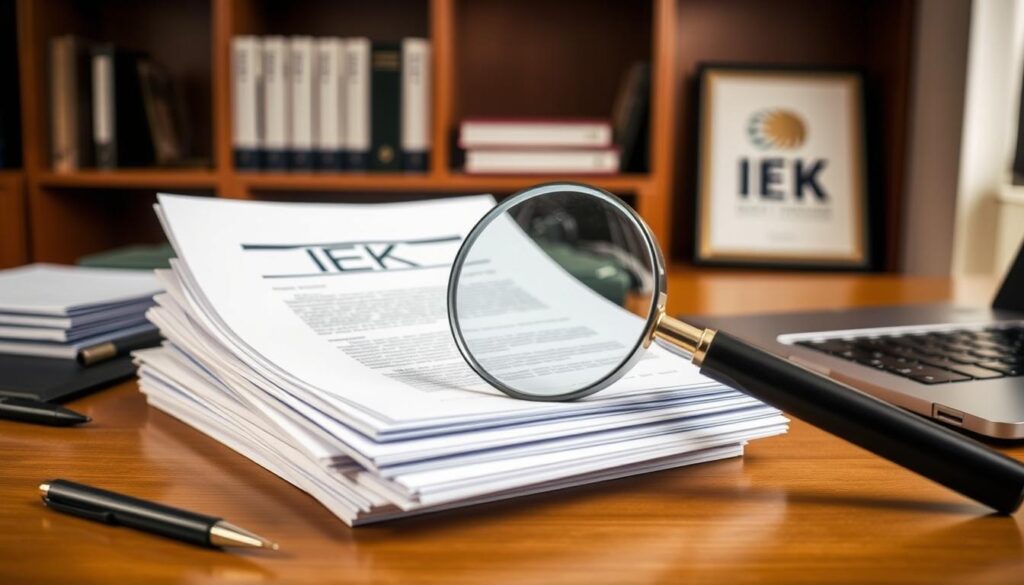 An office desk with a laptop, pen, and a stack of documents representing the IEK membership application process. The documents are neatly arranged, and a magnifying glass hovers over them, emphasizing the attention to detail required. Warm, indirect lighting casts a professional, focused atmosphere. In the background, a bookshelf with engineering references and a framed IEK logo suggests the institutional context. The composition conveys the seriousness and importance of the application process, as the applicant prepares to take the first step towards joining the prestigious Institution of Engineers of Kenya.