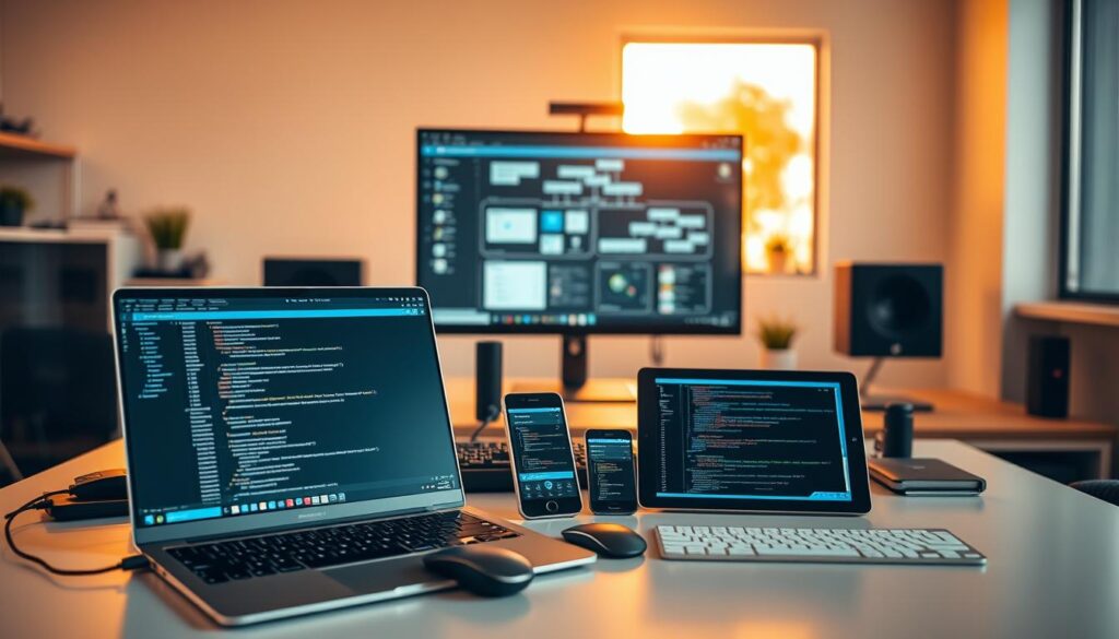 An office workspace with various software engineering tools scattered across a modern, minimalist desk. In the foreground, a laptop displays code editor windows, while a mouse and keyboard lay nearby. In the middle ground, a smartphone and tablet showcase productivity apps and dashboards. The background features a large, high-resolution monitor displaying a software development pipeline or workflow diagram. Warm, natural lighting filters through a window, creating a productive and focused atmosphere. The overall scene conveys the seamless integration of essential software tools within an efficient engineering workflow.