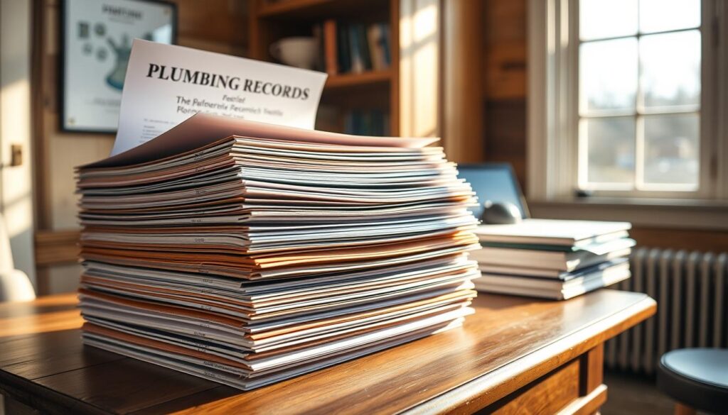 An orderly and well-organized stack of meticulously documented plumbing records, each file neatly labeled and arranged on a sturdy wooden desk. The records are illuminated by warm, natural lighting filtering through a large window, casting a soft, inviting glow. The scene conveys a sense of professionalism and attention to detail, emphasizing the importance of maintaining comprehensive plumbing documentation for a homeowner's property.