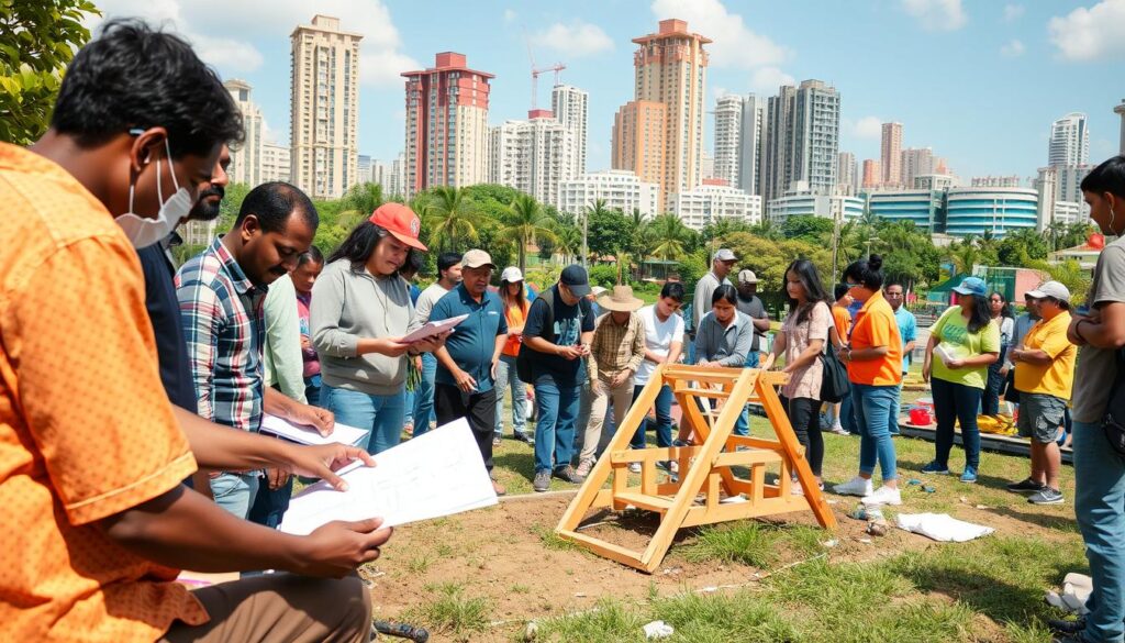 An outdoor community gathering, a group of diverse individuals engaged in a civil engineering project, designing and building a small public park or playground. In the foreground, people of all ages collaborating, sketching plans, measuring, and laying the groundwork. In the middle ground, a team of volunteers constructing a wooden play structure, colorful and whimsical. In the background, a vibrant urban landscape, with tall buildings and lush greenery, reflecting the community's commitment to sustainable development. The scene is bathed in warm, natural lighting, creating a sense of optimism and civic pride. Captured with a wide-angle lens to convey the scale and collaborative nature of the endeavor.