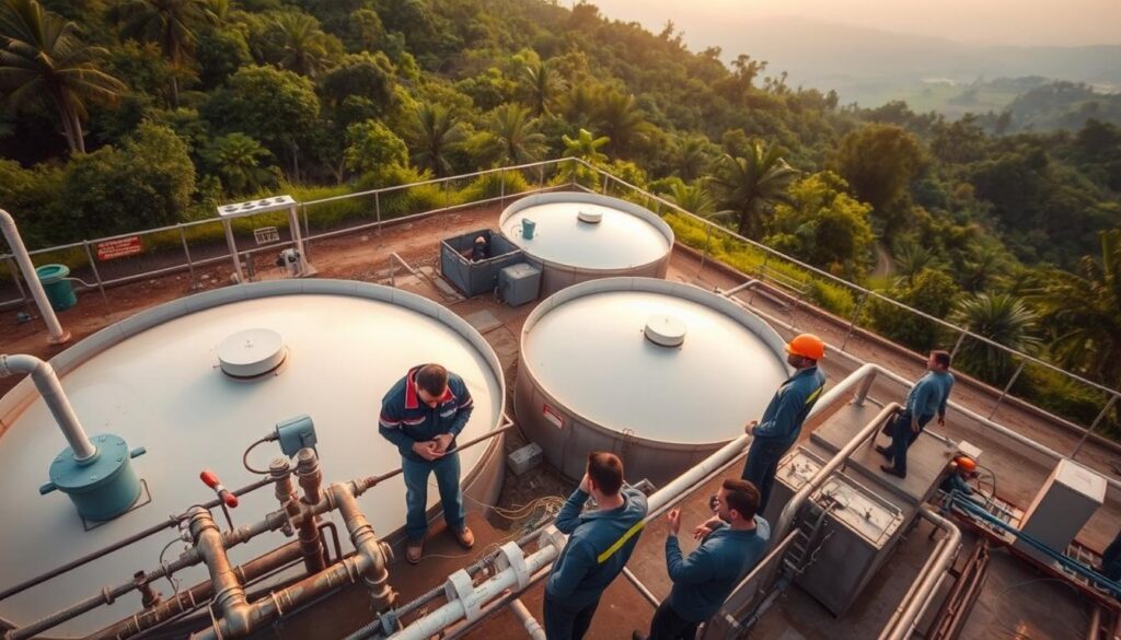An overhead view of a decentralized water treatment facility, with a team of technicians diligently maintaining the system. The foreground features a group of workers inspecting pipes, valves, and monitoring equipment, their faces focused as they troubleshoot any issues. The middle ground showcases the modular treatment tanks, their surfaces gleaming under the warm, diffused lighting. In the background, a lush, verdant landscape provides a natural backdrop, emphasizing the integration of the facility into the local environment. The scene conveys a sense of organized efficiency, with the technicians working in harmony to ensure the smooth, sustainable operation of the decentralized water treatment system.