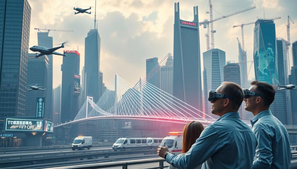 An ultra-detailed future city skyline, with gleaming glass-and-steel high-rises, floating drone platforms, and holographic billboards. In the foreground, a team of engineers wearing augmented reality goggles, collaborating on a large 3D model of an innovative suspension bridge design projected in midair. Soft, ambient lighting casts a futuristic glow, while the background features flying cars, monorails, and self-driving construction vehicles. The scene conveys a sense of technological advancement, global connectivity, and the evolution of civil engineering project management towards a more integrated, data-driven, and collaborative future.