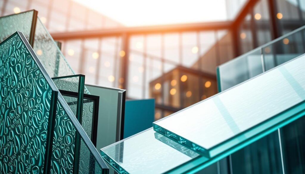 An ultra-detailed, high-quality, hyper-realistic image of various types of façade glazing materials arranged in a visually appealing composition. The foreground features a close-up view showcasing the intricate textures, patterns, and visual properties of different glass, metal, and composite glazing panels. The middle ground displays the materials in a real-world architectural setting, with a modern building façade as the backdrop. Lighting is soft and diffused, creating a warm, inviting atmosphere. The image conveys the technical qualities, aesthetic appeal, and functional aspects of these specialized glazing products, all in sharp focus and perfect clarity.
