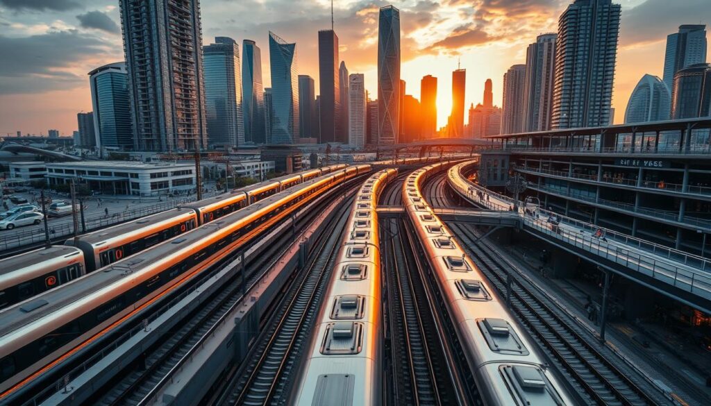 An ultra-detailed, large-scale aerial view of a thriving metro engineering urban transit development. In the foreground, sleek, modern train cars glide along elevated tracks, their metallic bodies reflecting the warm glow of sunset. In the middle ground, a network of intersecting rail lines, platforms, and bustling pedestrian walkways converge, creating a symphony of urban mobility. In the background, a towering skyline of gleaming skyscrapers, their angular forms accented by dramatic chiaroscuro lighting, stands as a testament to the power of metro engineering to shape the modern city. The scene exudes a palpable sense of energy, efficiency, and technological progress.